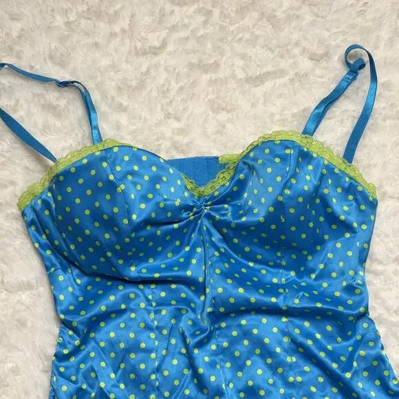 Victoria's Secret Sexy Little Things Y2K Blue Lime Polka Dot Satin  Romper 36B - Picture 8 of 8